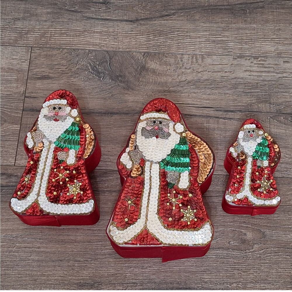 Vintage Santa nesting boxes set of three red sequin gift candy trinket with lids